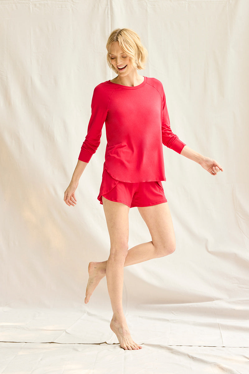Bamboo Relaxed Long Sleeve Top Tulip Short Bright Red PJ