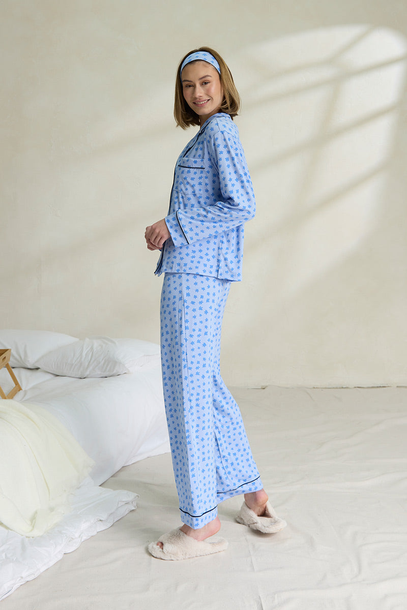 Bamboo Long Sleeve Button Down Pajama Set Starburst Blue PJ