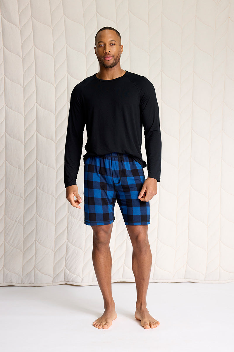 Bamboo Lounge Set: Long Sleeve Shirt + Lounge Short - Dark Blue Plaid Mix -  PJ Lounge Set, image size:800x1200