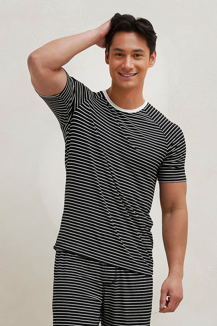 Bamboo Mens T-Shirt - Black with Thin White Stripe - PJ T-Shirt