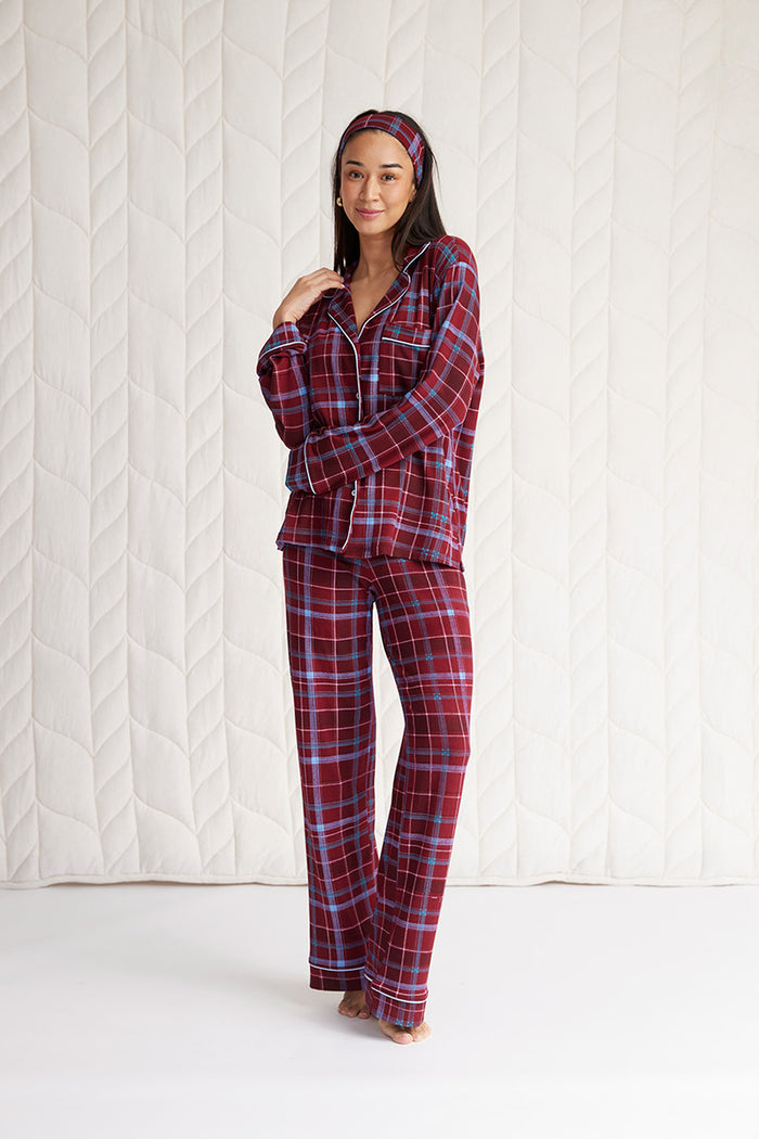 Bamboo Long Sleeve Button Down Pajama Set - Tartan Burgundy - PJ Long ...