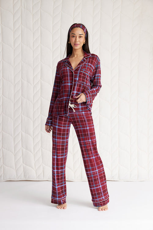 Bamboo Long Sleeve Button Down Pajama Set - Tartan Burgundy - PJ Long ...