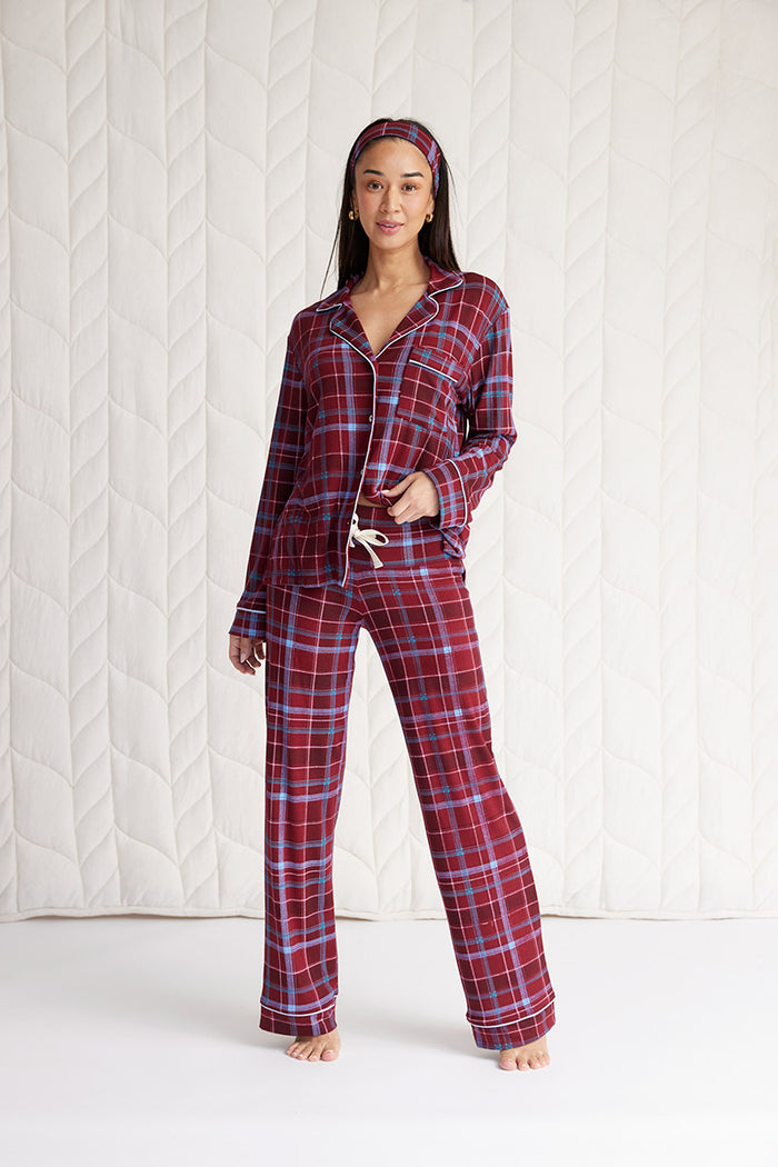 Bamboo Long Sleeve Button Down Pajama Set - Tartan Burgundy - PJ Long ...