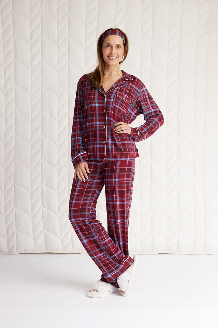 Bamboo Long Sleeve Button Down Pajama Set - Tartan Burgundy - PJ Long ...